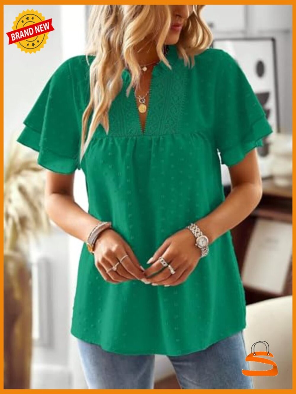 Butterfly Sleeve V Neck Swiss Dot Blouse - Dressy Casual Flowy Top - Picture 5 of 7